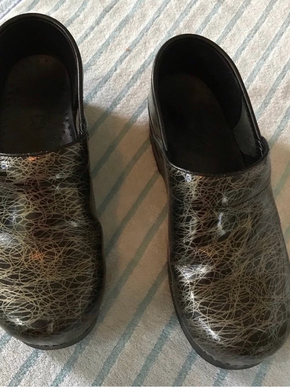 Black Patent Clogs with Metallic Silver Scribble Pattern